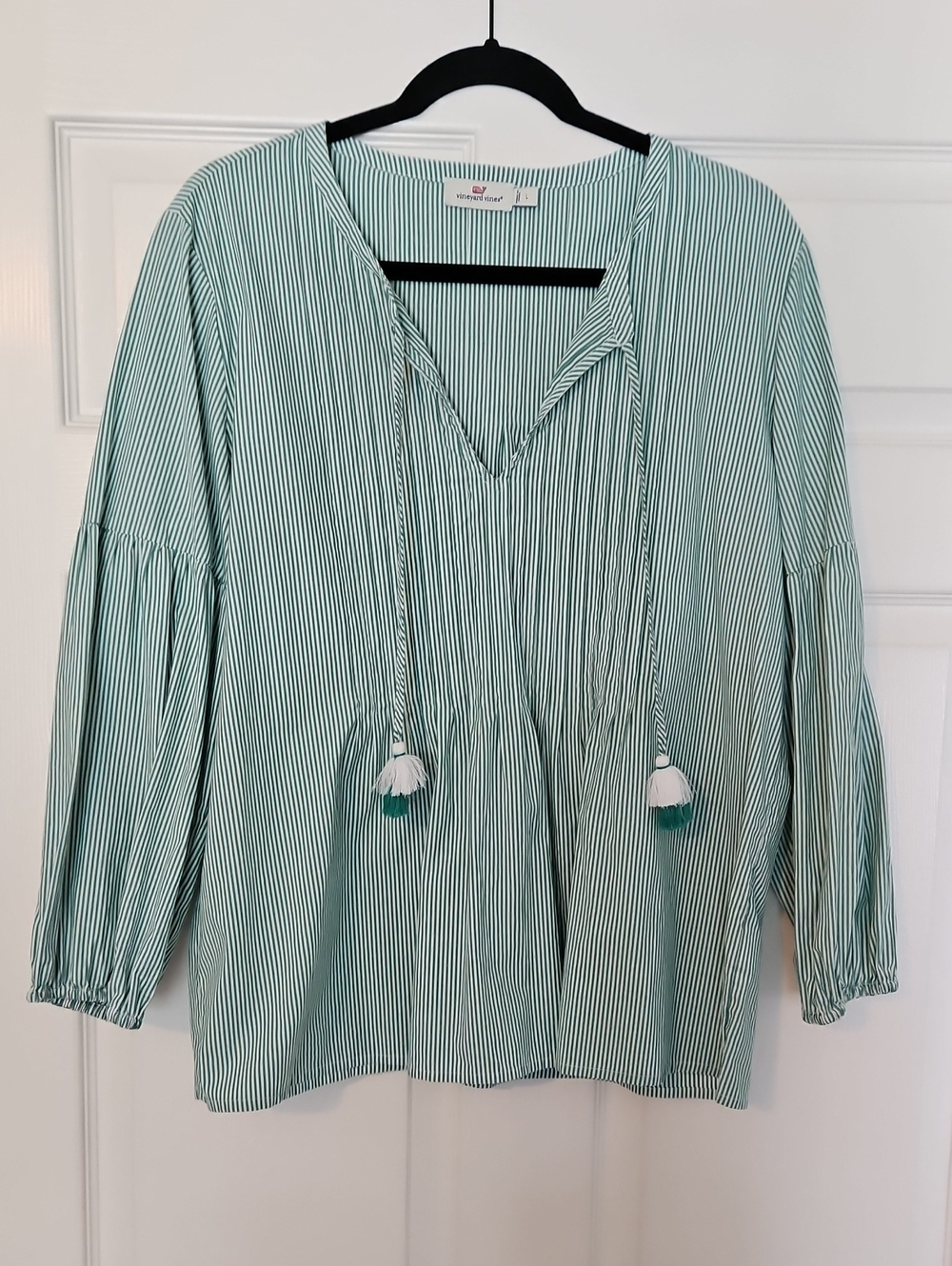 Striped V-Neck Tassel Peasant Top - Green By Vinyard Vines